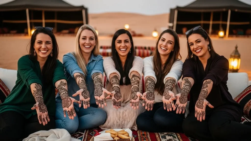 Group of friends showing different henna designs together at desert safari camp