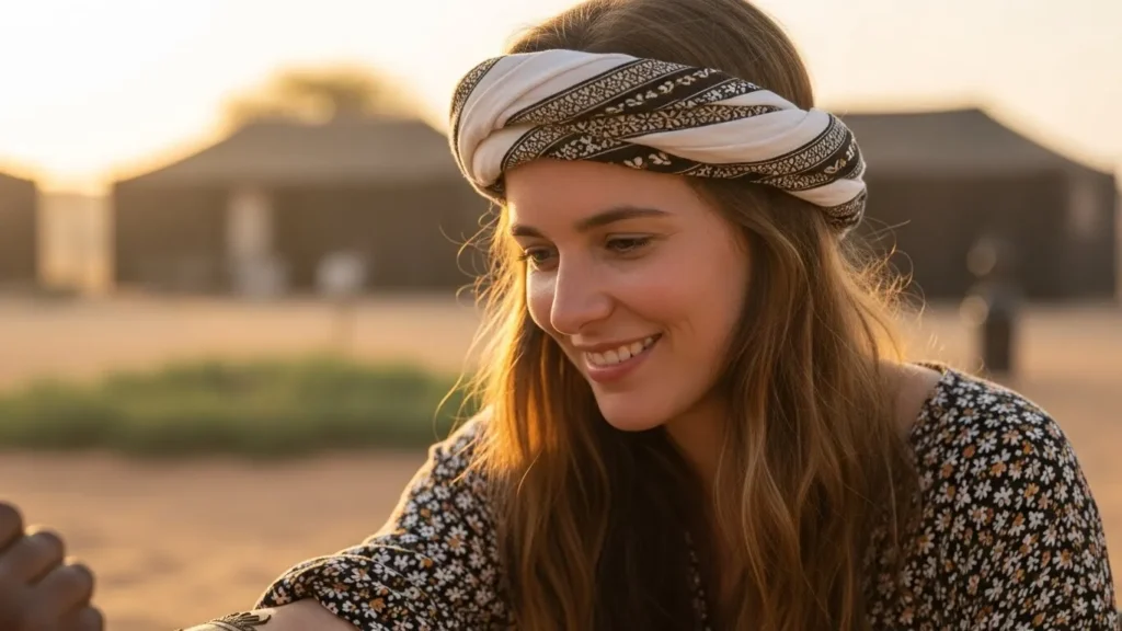 Smiling woman watching henna artist decorate her hand during Dubai desert safari