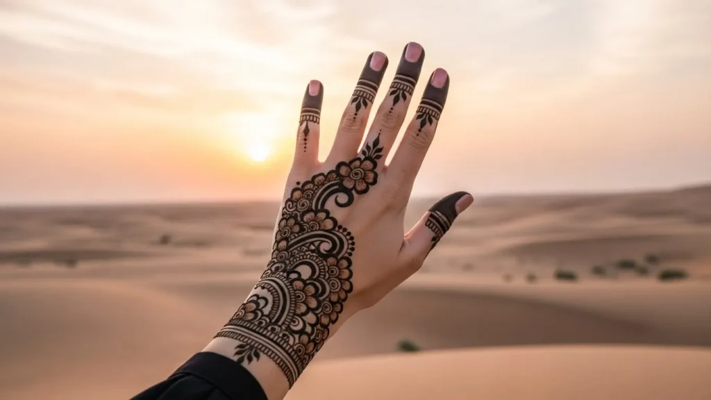 Henna-decorated hand held against orange and pink sunset sky in Dubai desert safari