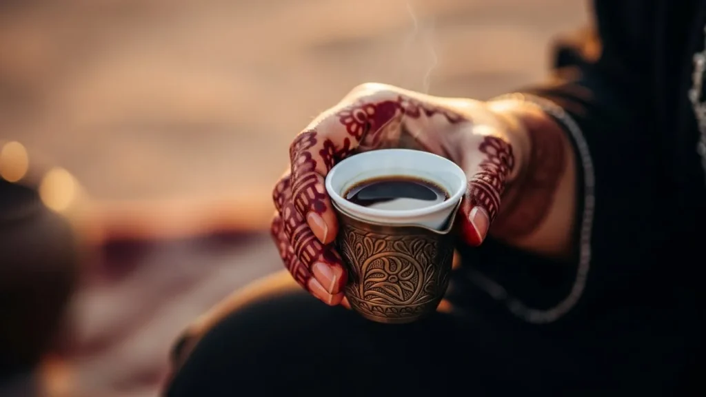 Woman holding Arabic coffee cup with fresh henna design at desert safari camp