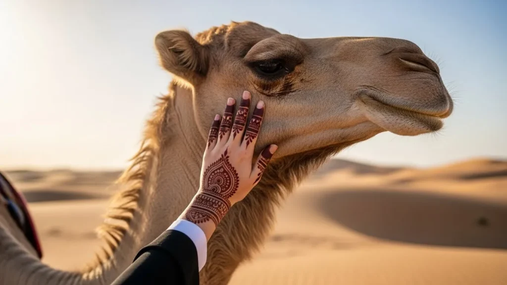 Henna-decorated hand gently touching camel neck at Dubai desert safari
