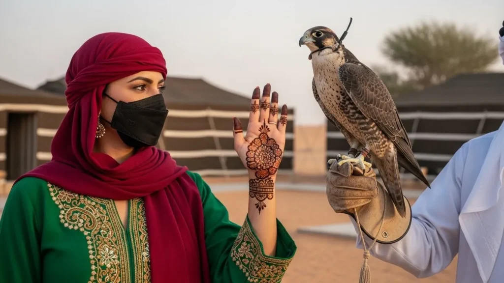 Woman showing fresh henna design near falcon handler at desert safari camp