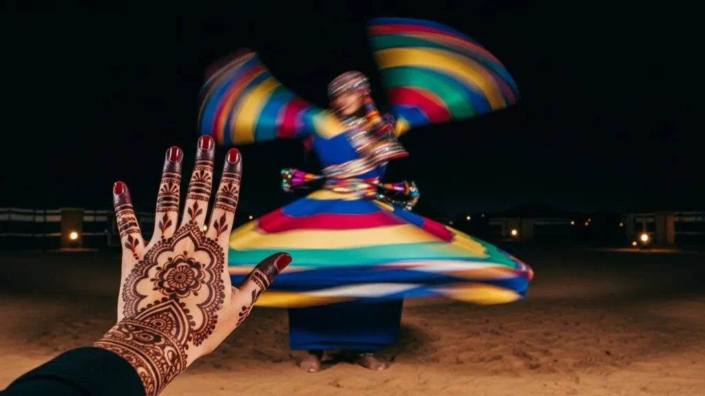 Focused henna-decorated hand with spinning Tanoura dancer blurred in background
