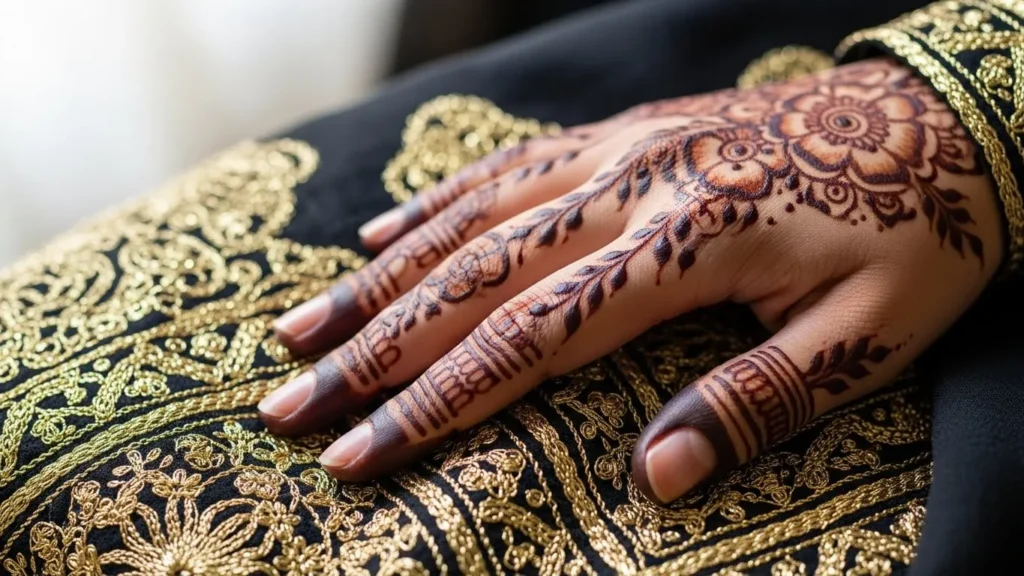 Henna-painted hand resting on patterned Emirati scarf at desert safari