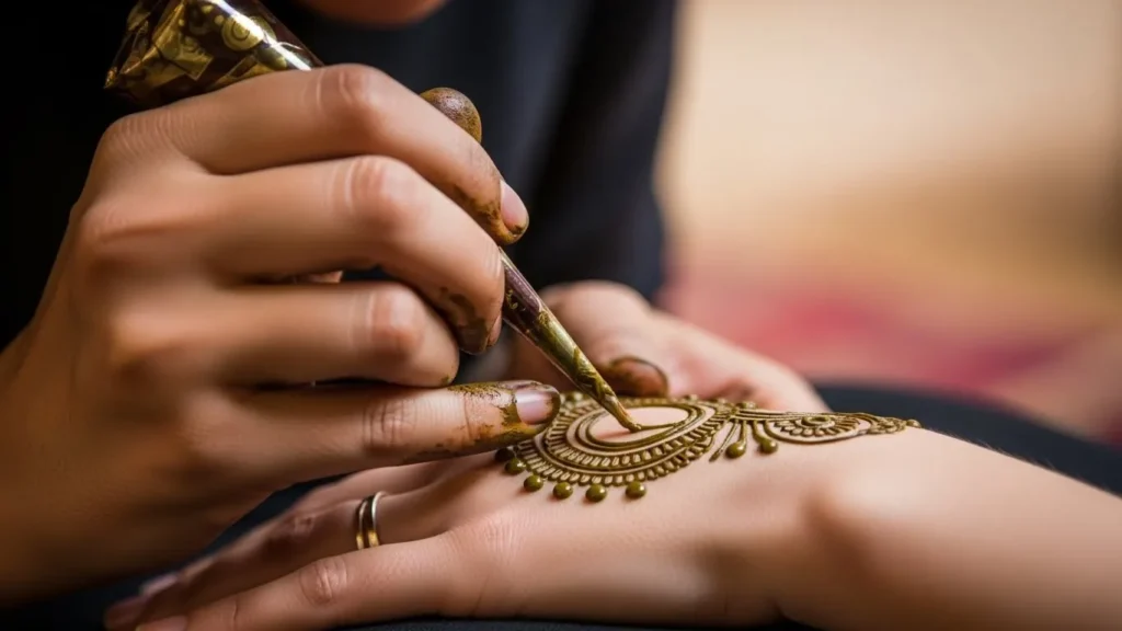 Close-up of henna artist hands applying intricate henna design at Dubai desert safari camp