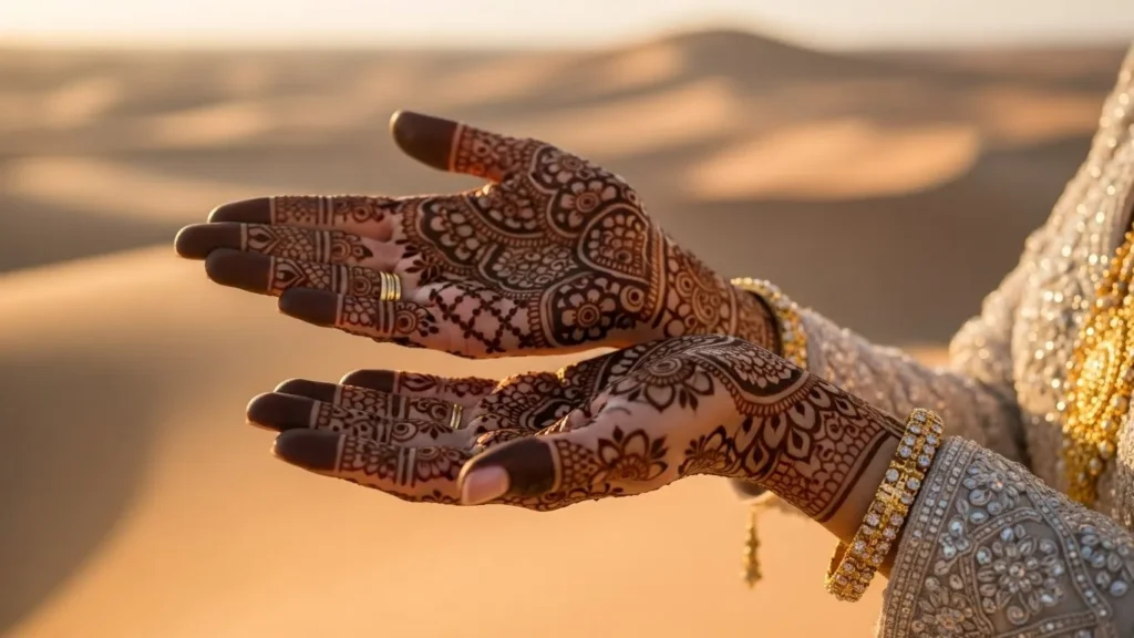 Desert Safari Dubai wedding shoot close-up of bride henna hands with desert background