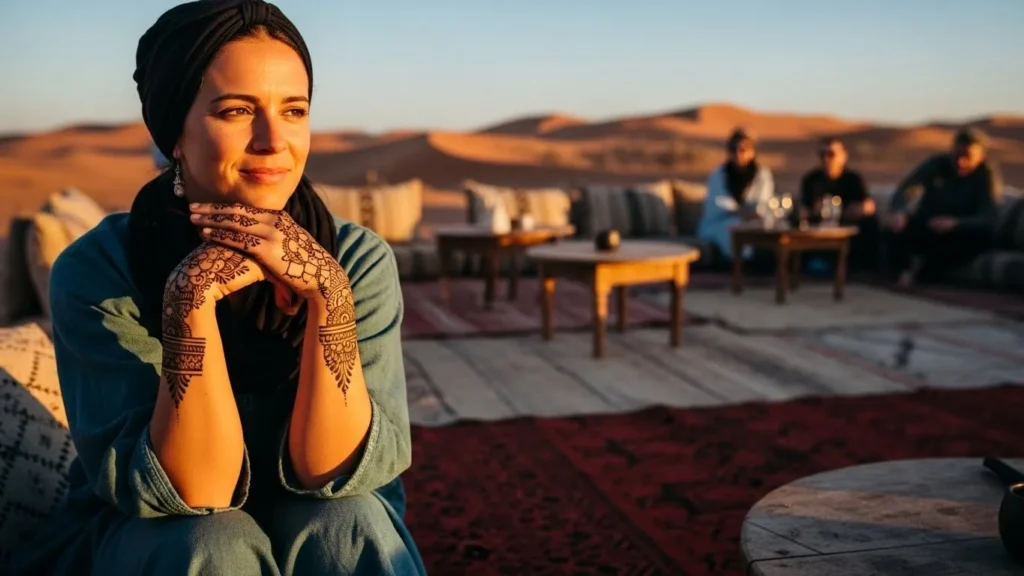 Woman waiting calmly while henna paste dries on her hands at Dubai desert safari
