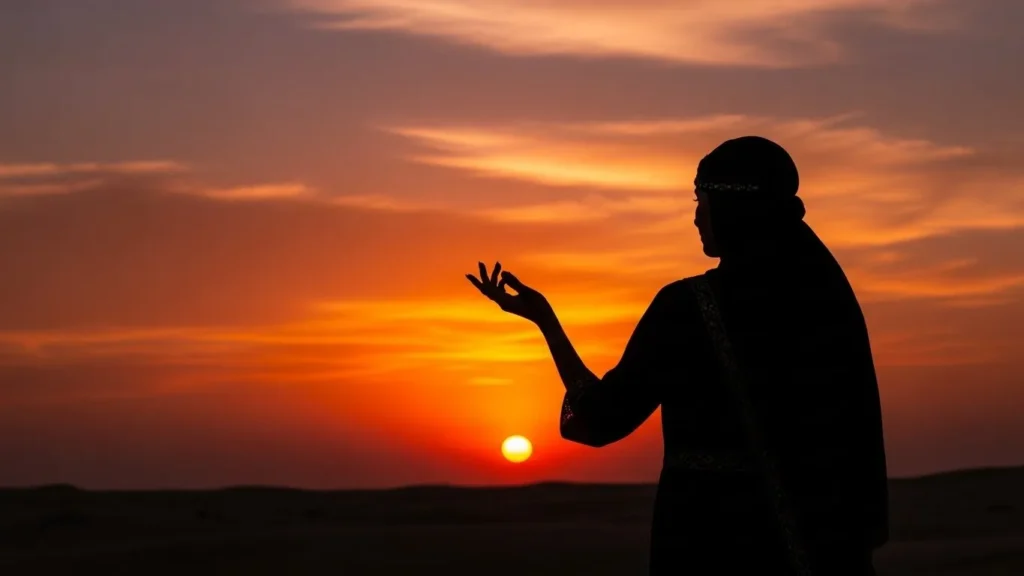 Silhouette of woman showing henna-decorated hand against dramatic desert sunset sky