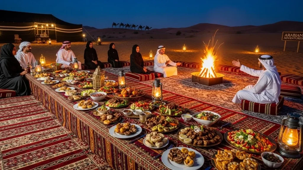 Travelers enjoying a cultural storytelling session after a BBQ dinner in the desert.