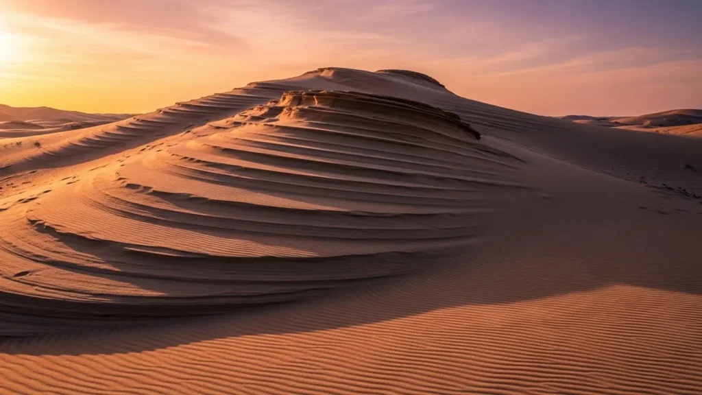 Natural layered sand dunes in Dubai forming steps under warm sunset light