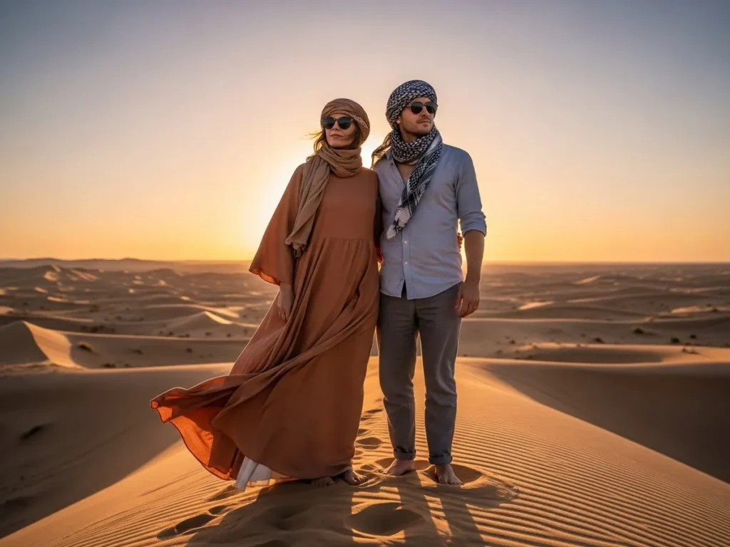 Couple wearing long dress and light shirt in desert safari