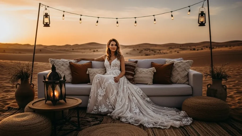 Desert Safari Dubai wedding shoot low-angle view of bride standing on dune peak