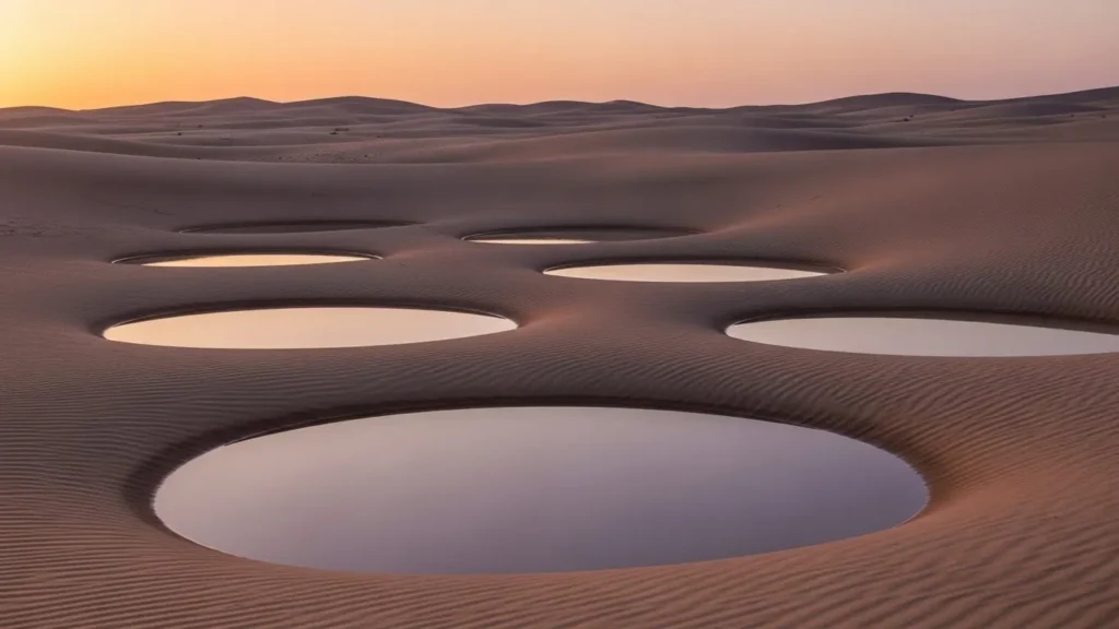 Calm desert sand basin reflecting soft sunset colors in Dubai dunes