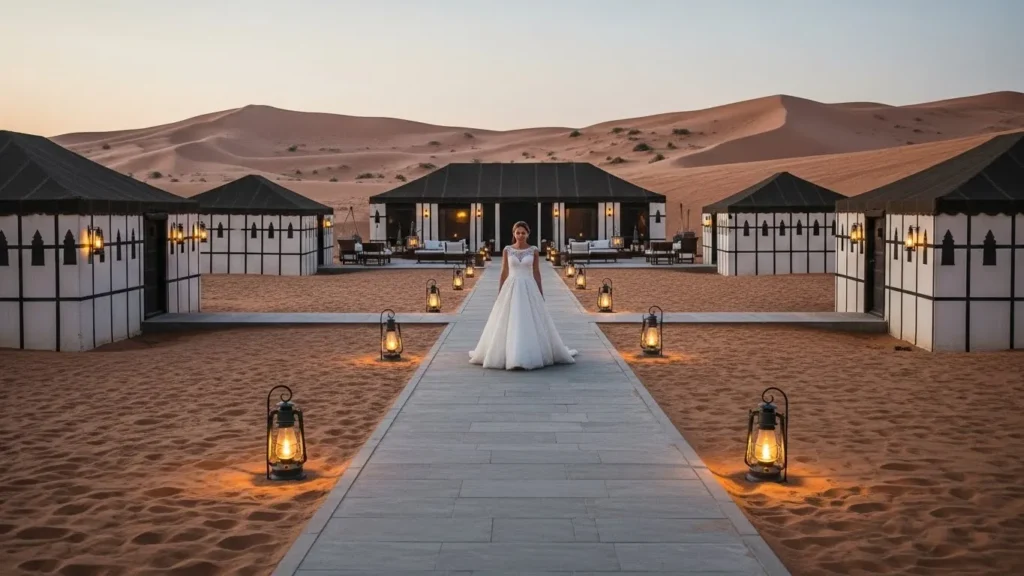 Desert Safari Dubai wedding shoot bride walking toward luxury desert safari camp