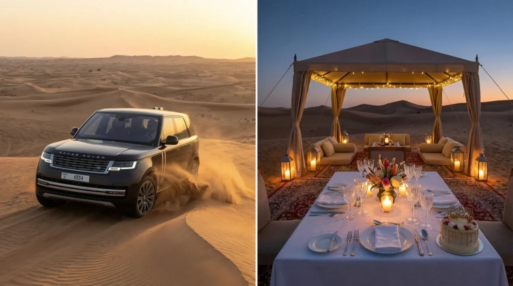 High-end 4x4 vehicle navigating the dunes in Dubai, followed by a private luxury dinner under the desert stars.