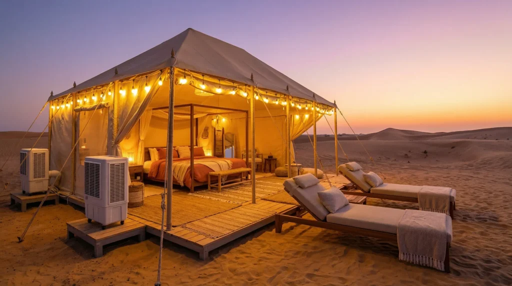 Elegant desert glamping setup with plush bedding, AC, and gourmet food in Dubai's golden desert landscape.