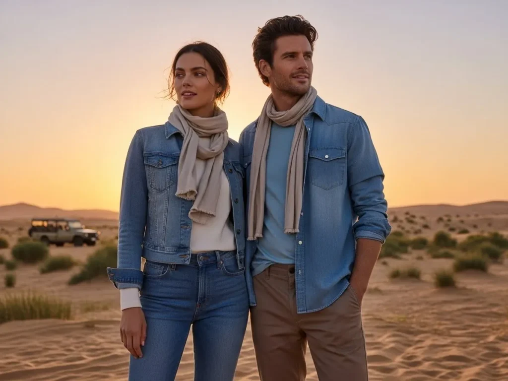 Couple wearing denim and cotton outfits in desert safari