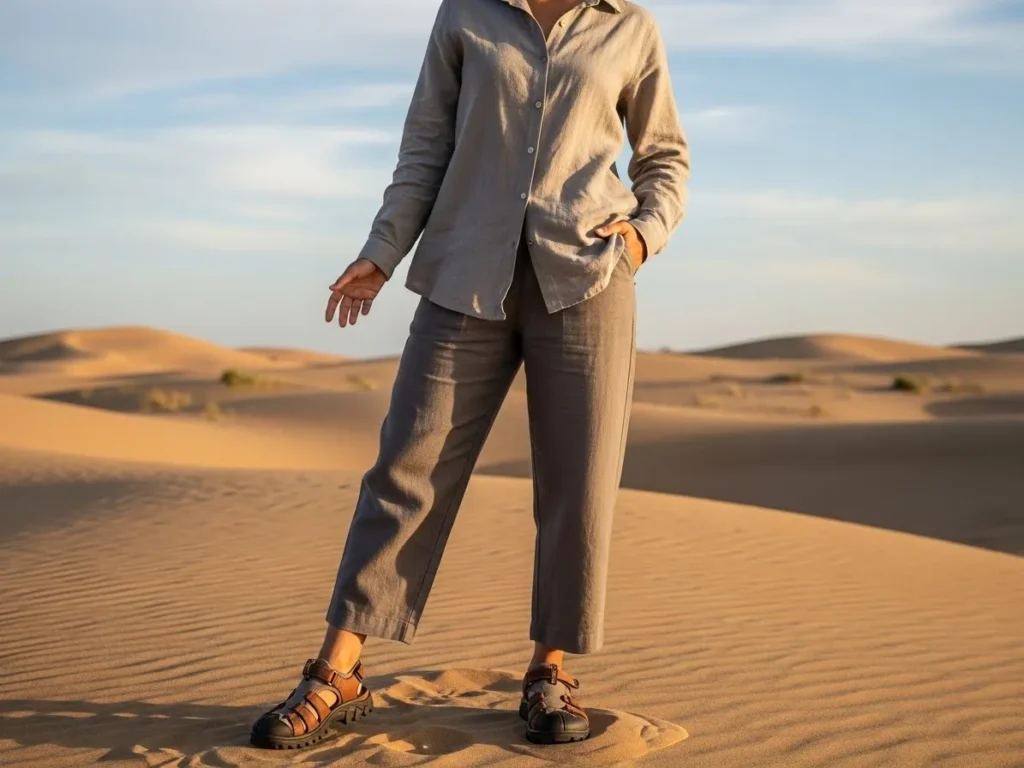 Couple wearing neutral outfits with matching shoes in desert