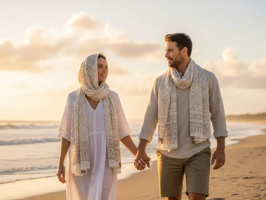 Couple using matching scarves in windy Dubai desert