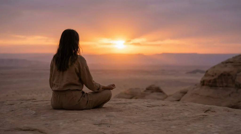Person meditating in the desert at sunset, surrounded by peaceful desert landscape and golden hues.