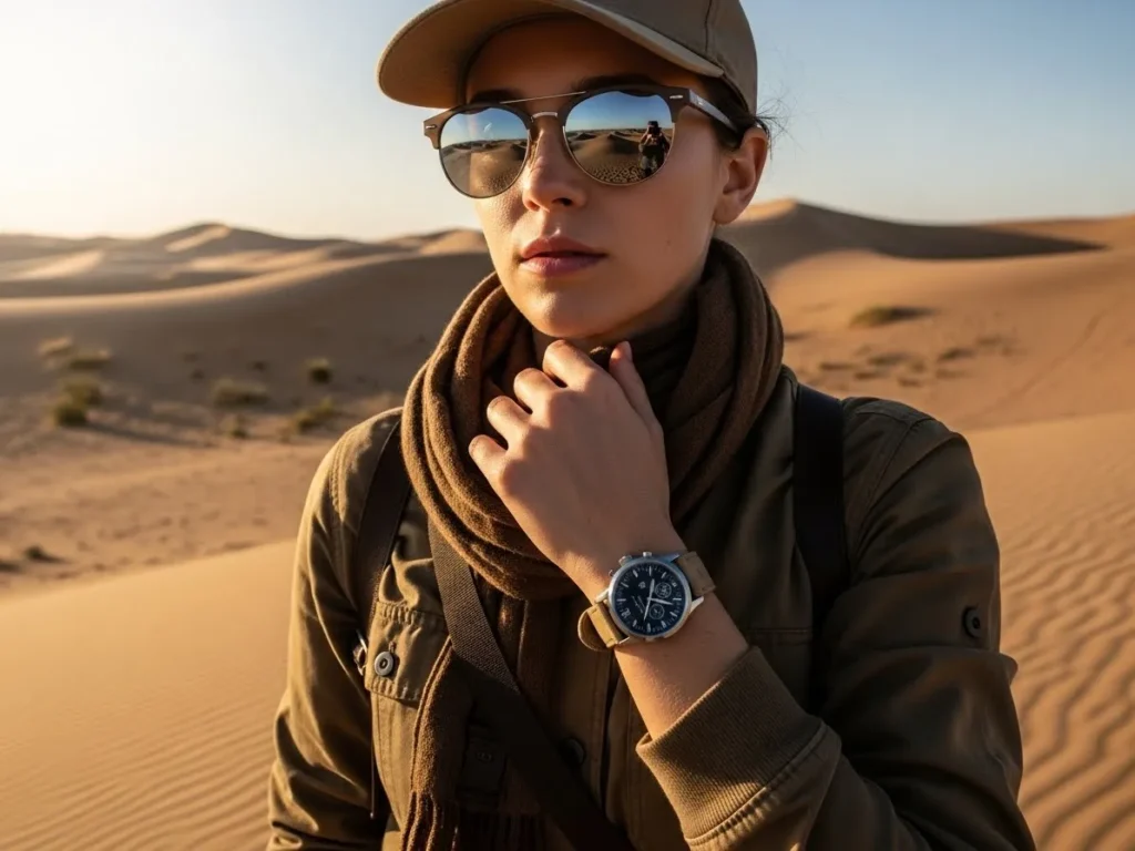Minimal accessory matching couple outfits in Dubai desert