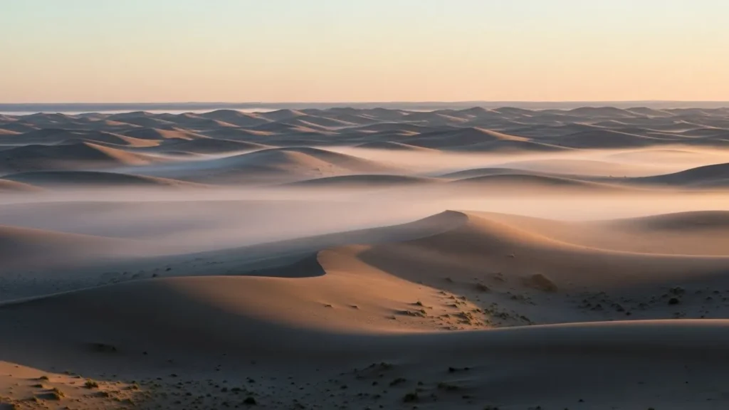 Early morning drone view of desert dunes covered with light mist