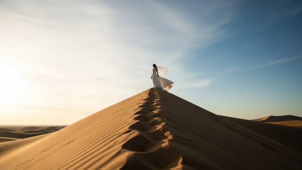 Desert Safari Dubai wedding shoot low-angle view of bride standing on dune peak