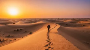 Historic camel trail crossing Dubai desert dunes during golden sunset
