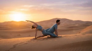 Couple practicing yoga together on a desert dune during sunrise, with warm golden light casting a peaceful vibe.
