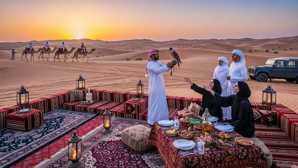 Chef grilling organic meats at a premium heritage desert safari camp in Dubai.