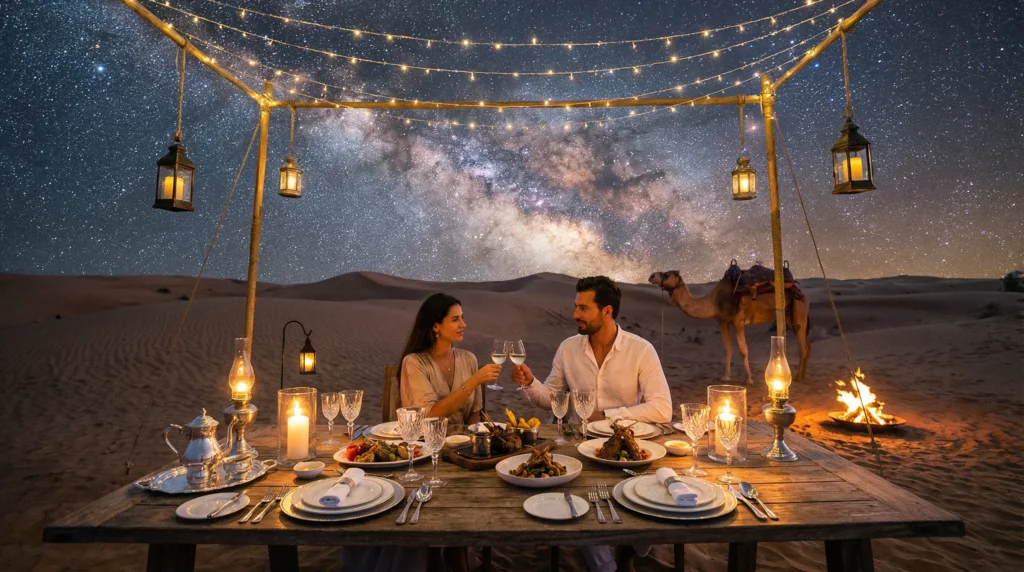 Intimate private dinner in the Dubai desert, set under a starry night sky with gourmet food and soft lighting.