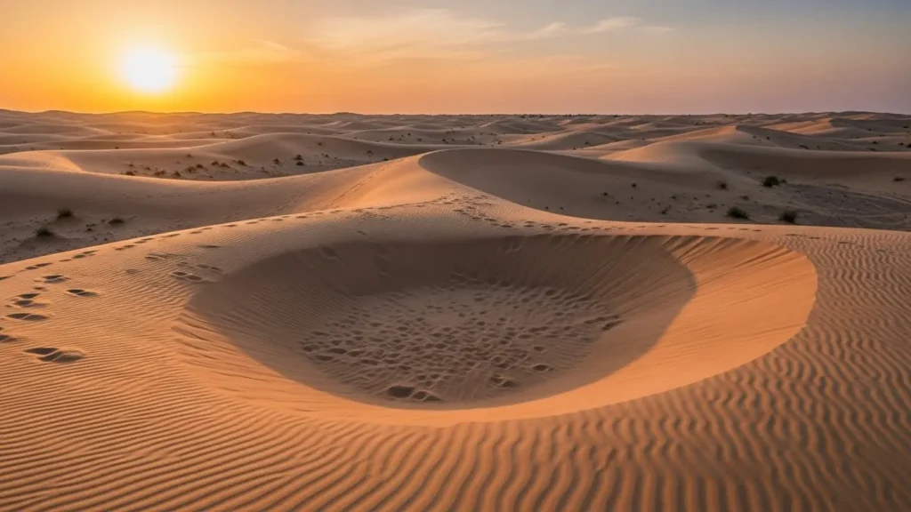 Small elevated sandy corner between dunes in Dubai desert, quiet sunset view