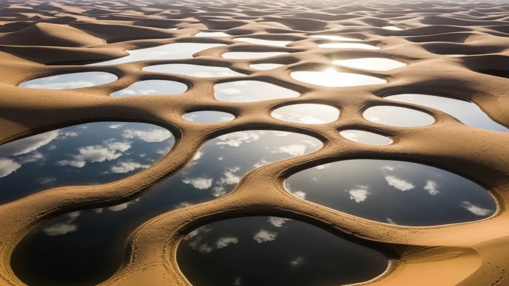 Aerial drone shot showing sky and dunes reflected in small desert water pools