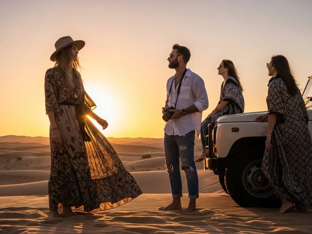 Boho style matching couple outfits at desert sunset