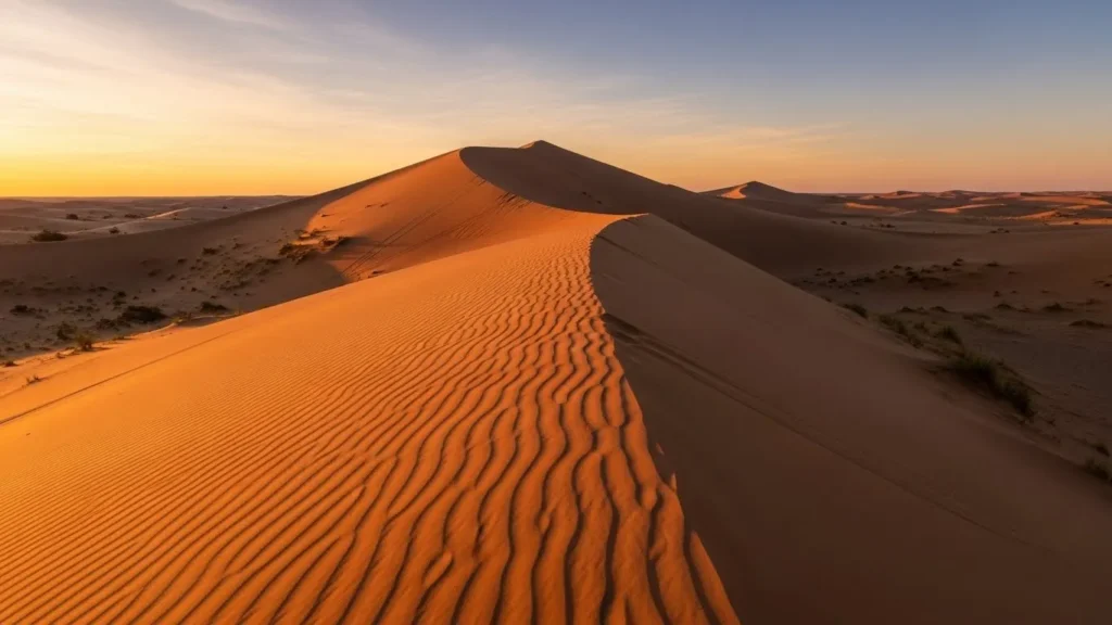 Wide view of remote high sand dunes in Dubai at sunset with soft golden light