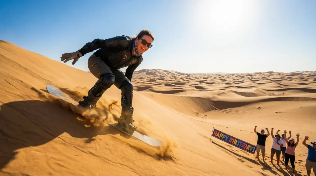 Person sandboarding down the dunes in the Dubai desert, with the sun shining on the golden sand and clear blue skies.
