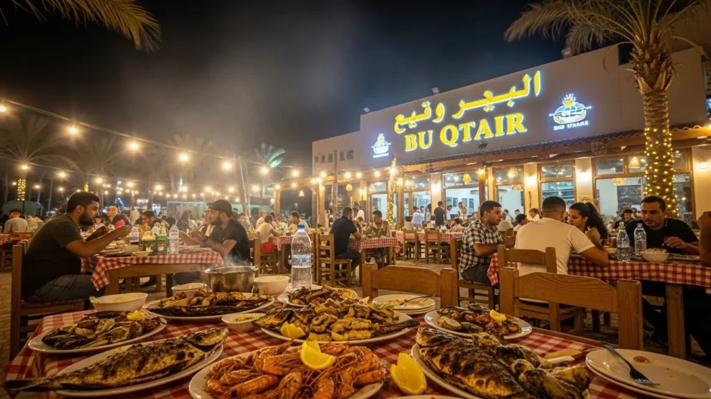 Seafood dinner restaurant Bu Qtair in Dubai at night