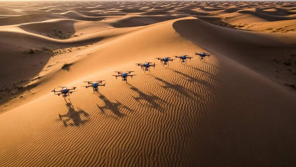 Drone shot capturing long shadows creating texture on desert sand dunes