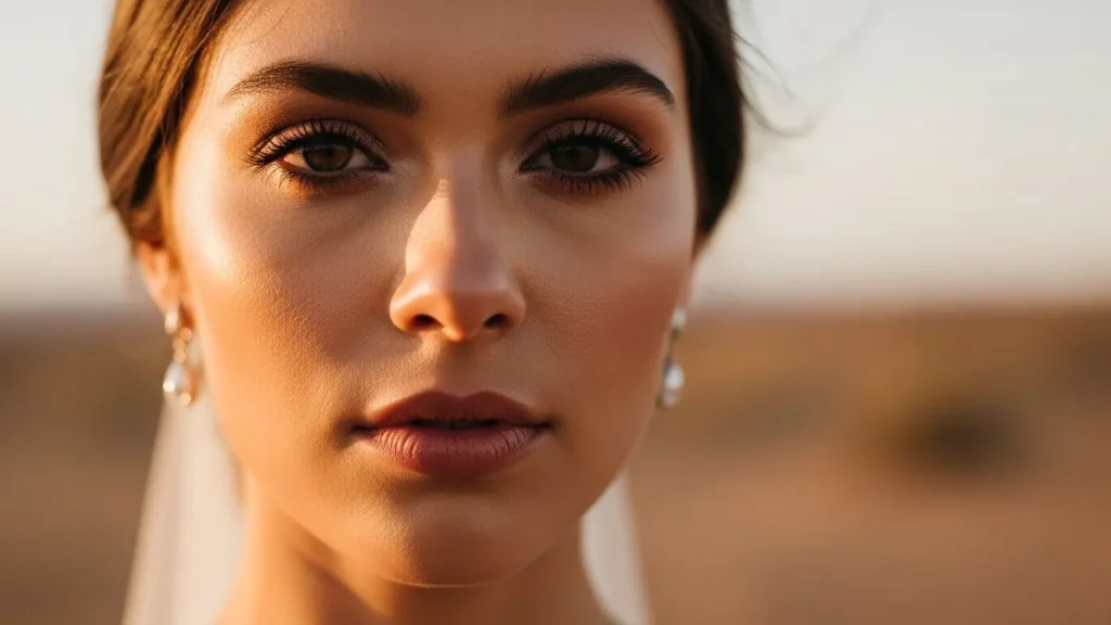 Desert Safari Dubai wedding shoot editorial close portrait of bride with soft sand light