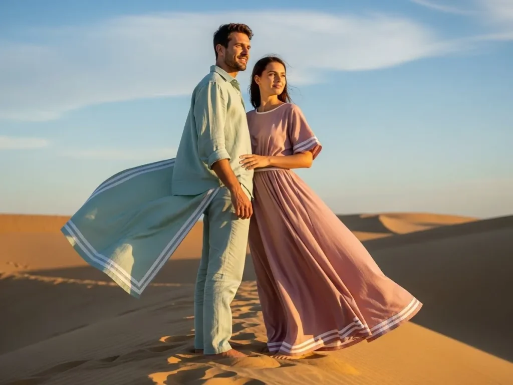 Pastel matching couple desert outfits on sand dunes