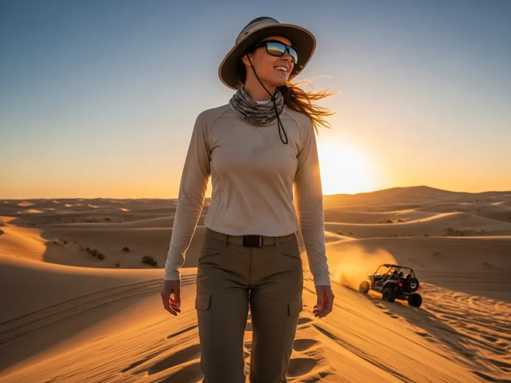 Sporty matching outfits for couple during dune bashing