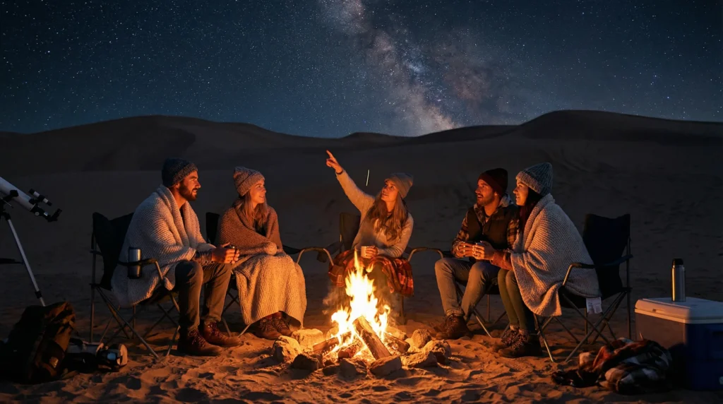 Friends stargazing around a bonfire in the Dubai desert at night, with clear skies and golden sand dunes in the background.