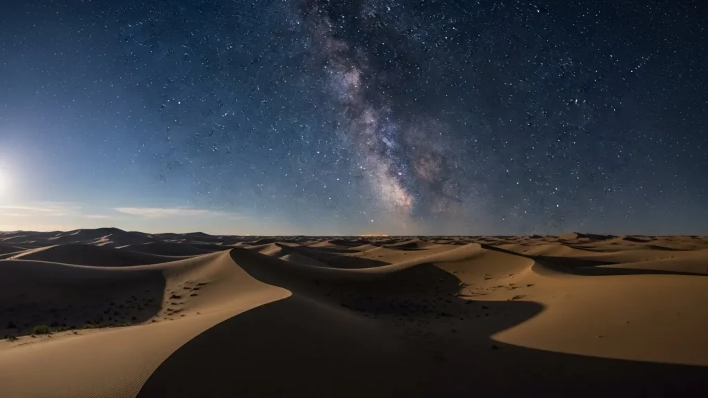 Night drone shot of desert dunes under a clear starry sky
