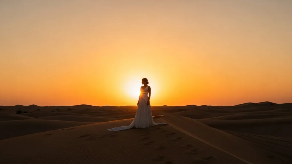 Desert Safari Dubai wedding shoot silhouette of bride standing on sand dunes during golden sunset