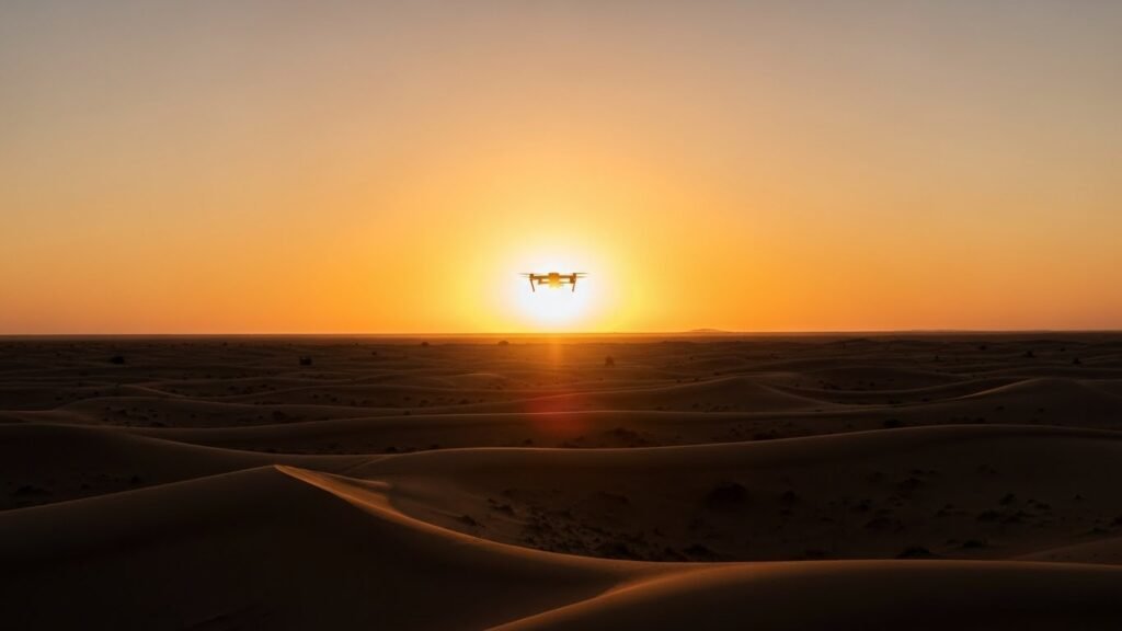 Drone flying toward the sunset creating soft silhouettes over Dubai desert dunes