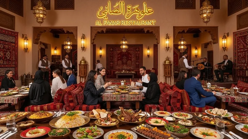 Traditional Arabic dinner setup at Al Fanar Restaurant Dubai