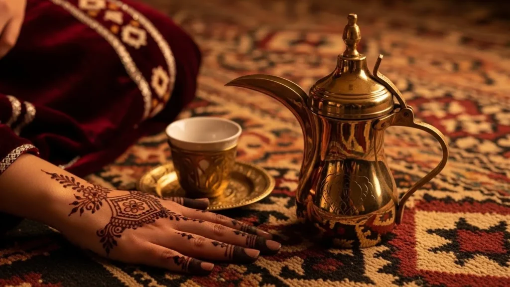Henna-decorated hand beside Arabic coffee pot on patterned rug at desert safari camp