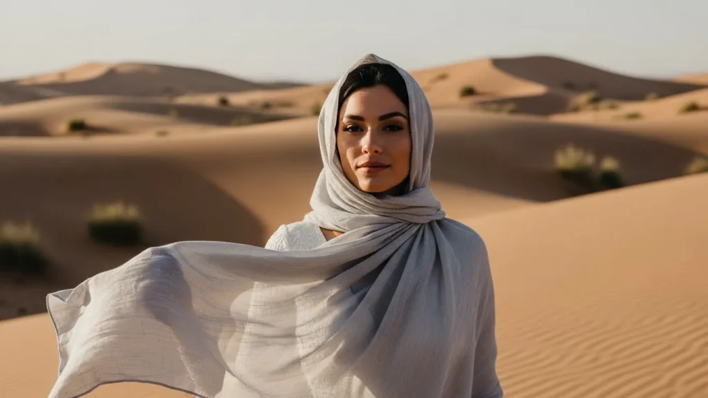 Desert Safari Dubai wedding shoot bride wearing traditional scarf in desert setting