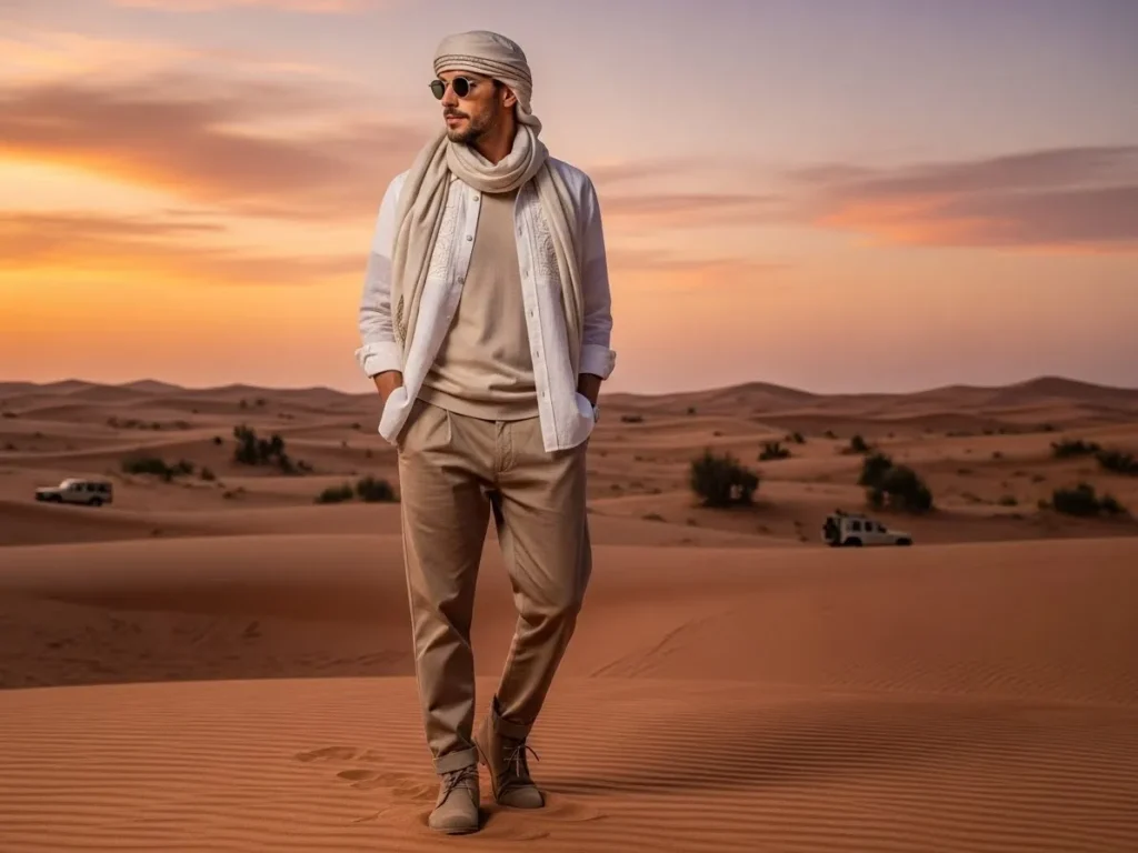 Modern couple outfits with traditional desert color tones