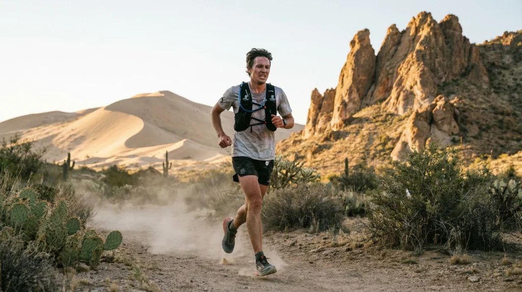 Athlete running along a desert trail with dunes in the background, intense physical workout under the sun.